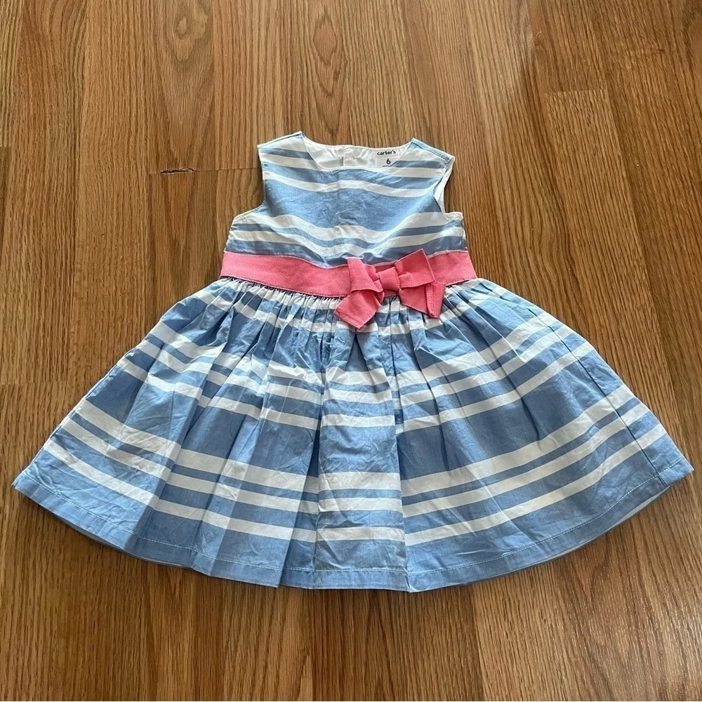 Carter's Baby Girl 6 Months Lined Dress White / Blue Stripe Pink Bow